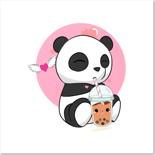 Cute Chibi Panda Drinking Boba Bubble Tea Posters and Art